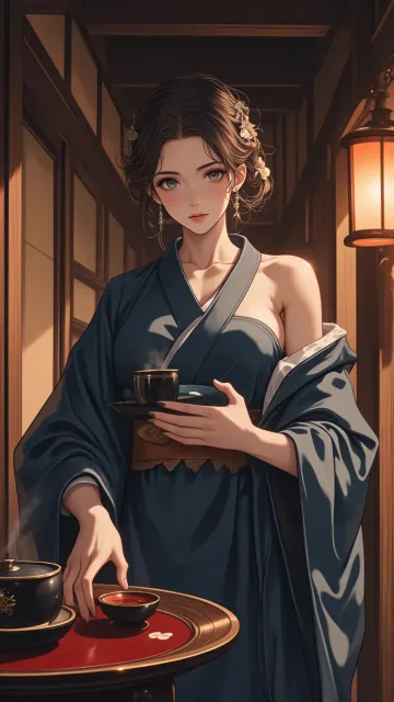 きちんと襟を合わせ帯を締めた着物姿の色っぽい成年女性の仲居