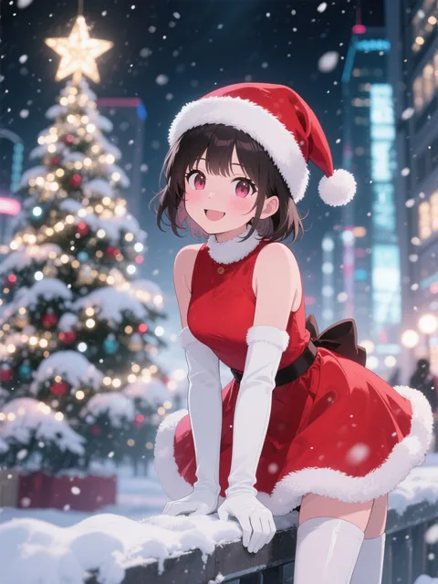 情熱的な赤いクリスマスドレスを着たふわふわのサンタ帽をそっと…