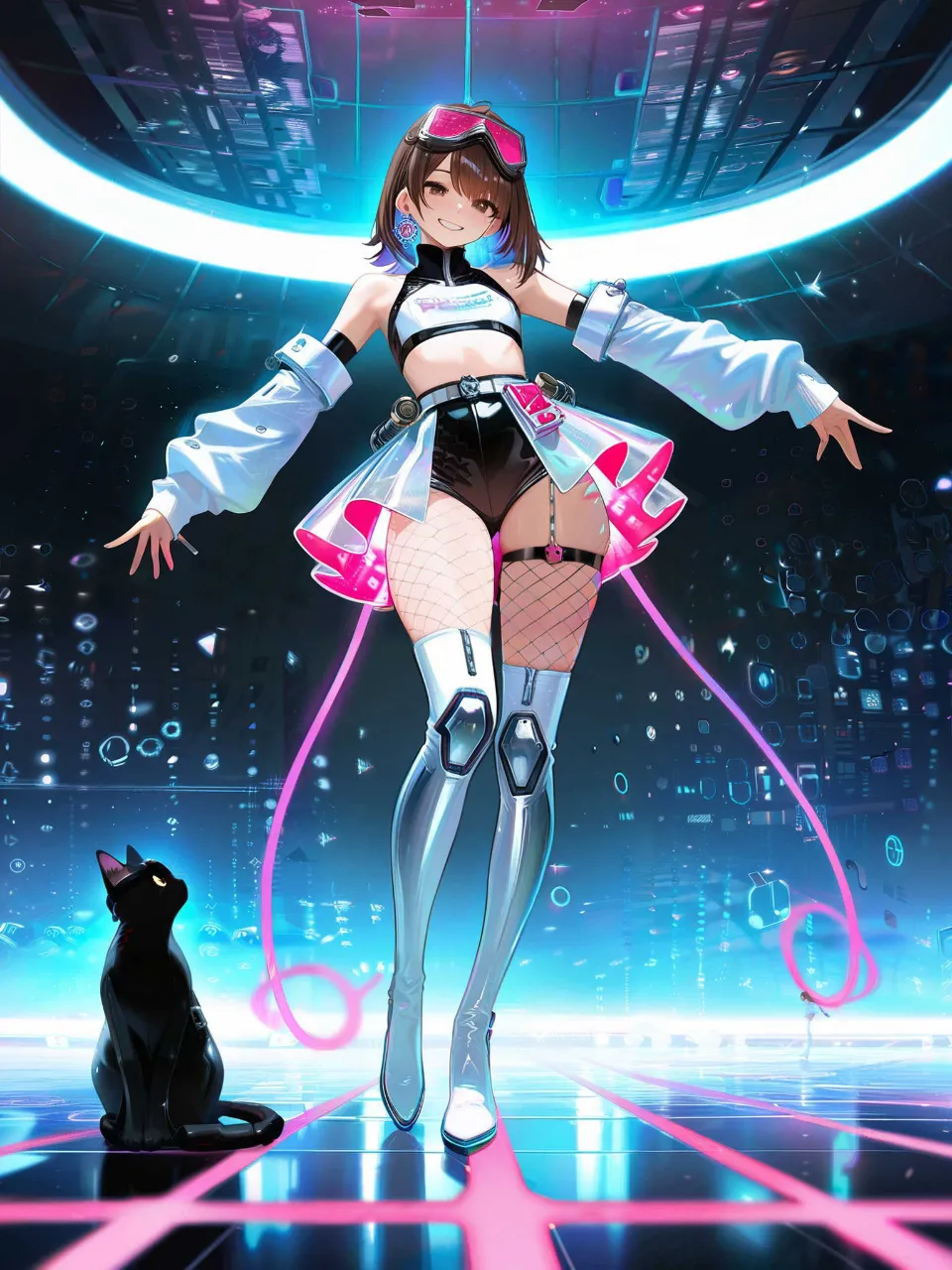 サイバーなeスポーツ会場にやってきた…パンク娘と黒ニャンコ…茶 — たくりんさんのAIイラスト