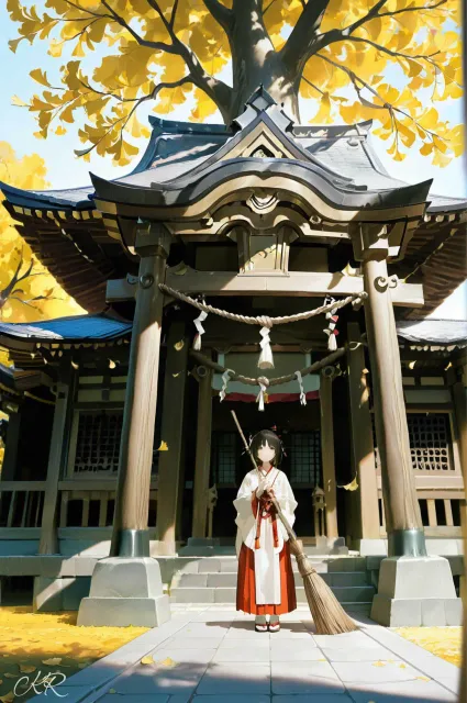 神社の大きな木、麻縄が締めてある巨木、イチョウの葉っぱ