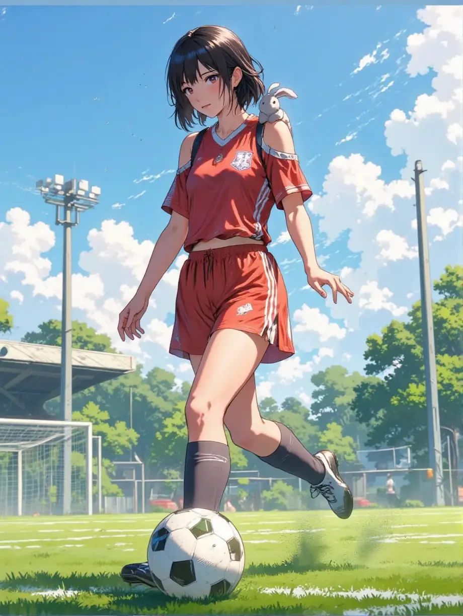 サッカーしてる紅夜さんと子うさぎ
