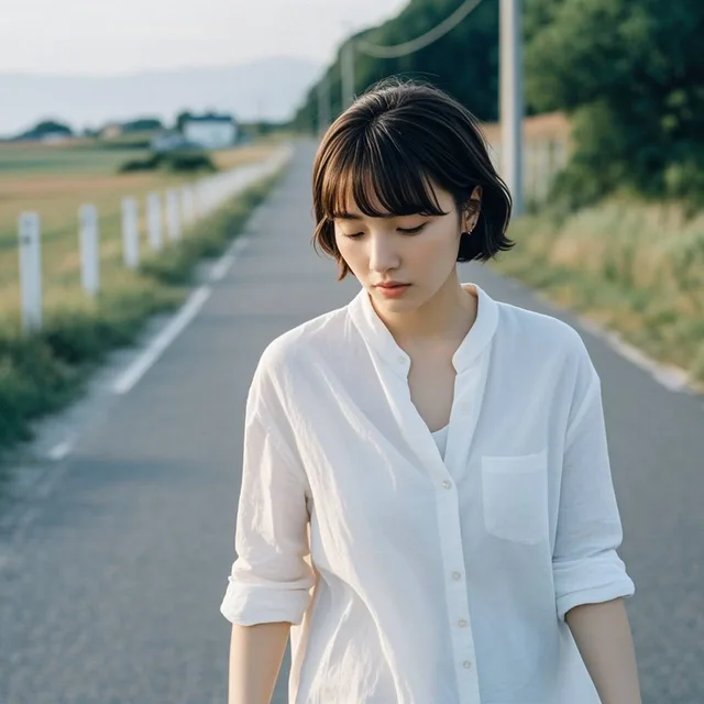 一个穿着白衬衫的身材极好的女人正在乡村道路上悠闲地寻找她的猎…