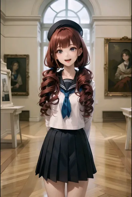 より詳細に澄んだ瞳、チャーミングな少女、ベルベットのベレー帽