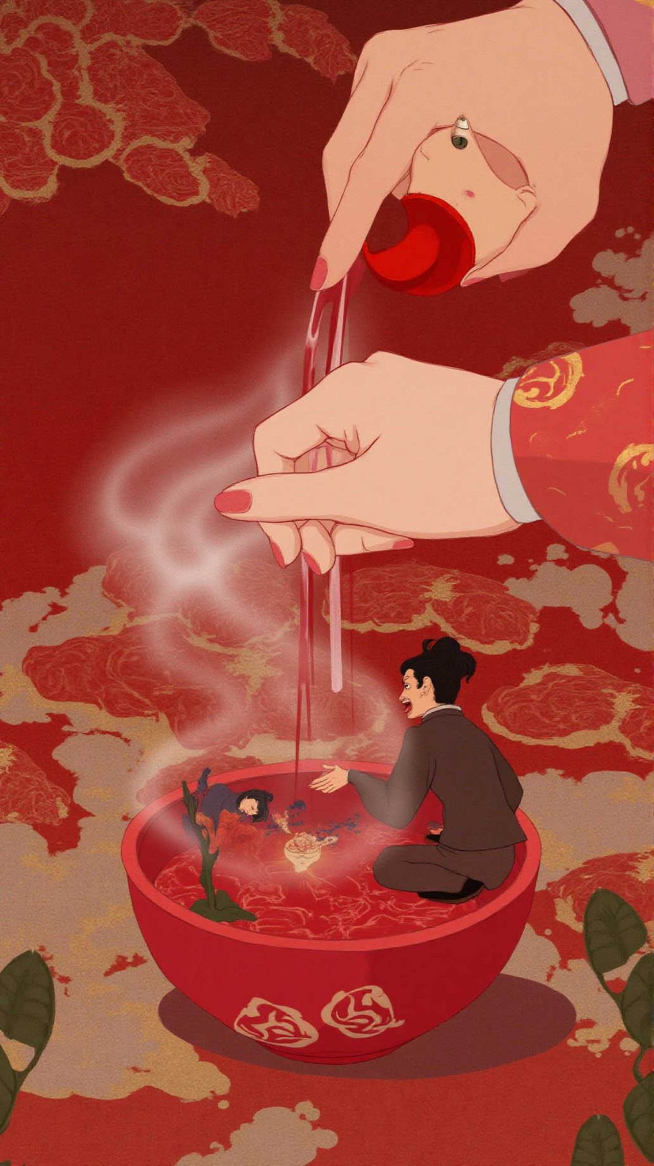 Close-up pouring otoso spiced sake, vermilion otoso set, family exchanging New Year greetings, calm and elegant mood, cinematic, ultra-detailed — yuna97さんのAIイラスト