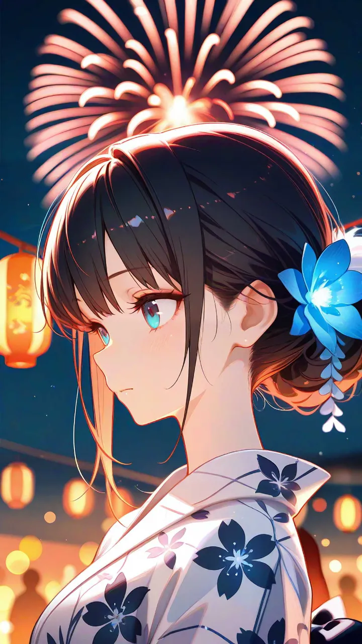 夏の花火と浴衣・浴衣の少女
