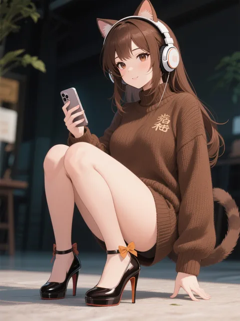 女性で、猫耳のヘッドホンをしていて