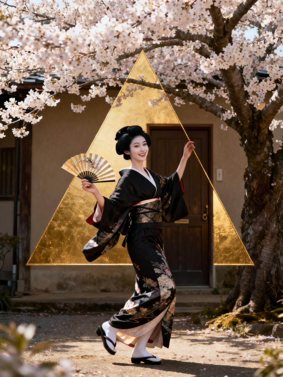 桜の木の下で舞う芸者