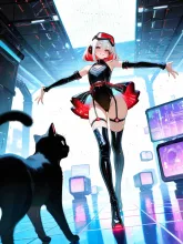 サイバーなeスポーツ会場にやってきた…パンク娘と黒ニャンコ…白