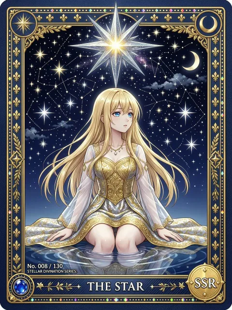タロットカード、水辺に座り星空を仰ぐ美少女