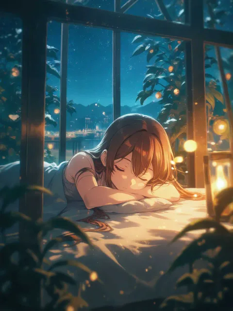 夜の温室で眠る、光と空気、幻想的な余韻
