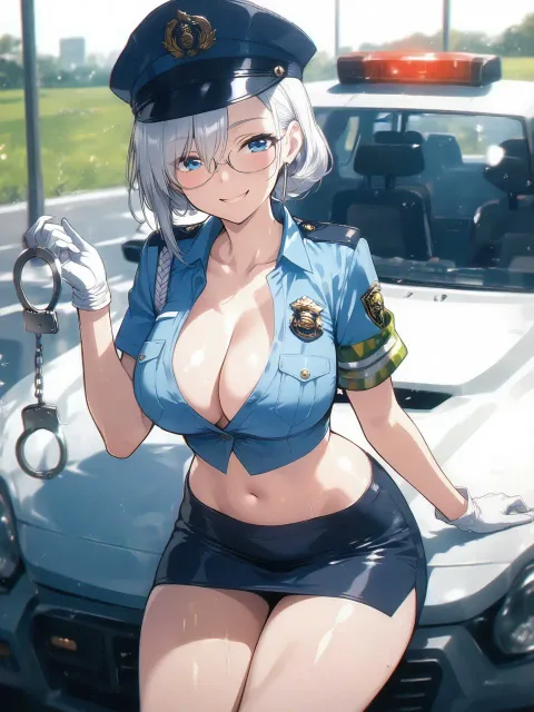 タイトな制服のセクシーな婦警、開けた制服、胸の谷間、へそ出し