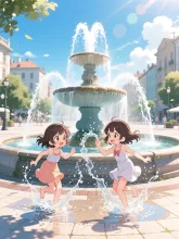 噴水で遊ぶ女の子たち