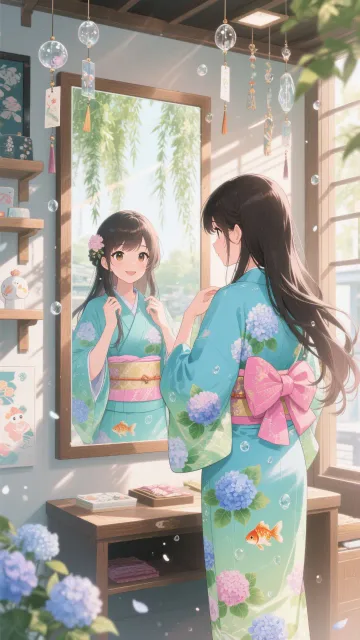 An elegant anime illustration… - 涼やかな浴衣の試着