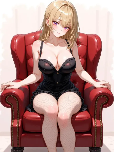 黒いミニドレスと網タイツの色っぽい成年女性、赤い椅子の上