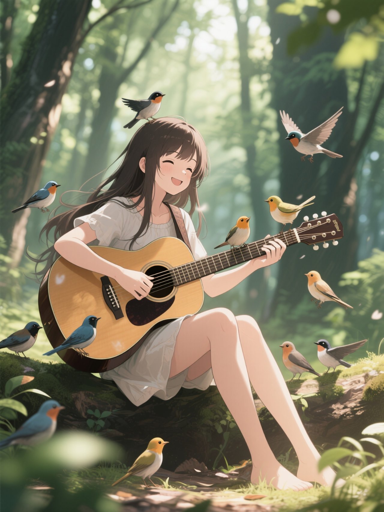 森の木陰でギターを奏でる少女♪♬(,,ᴗ ͜ ᴗ,,)