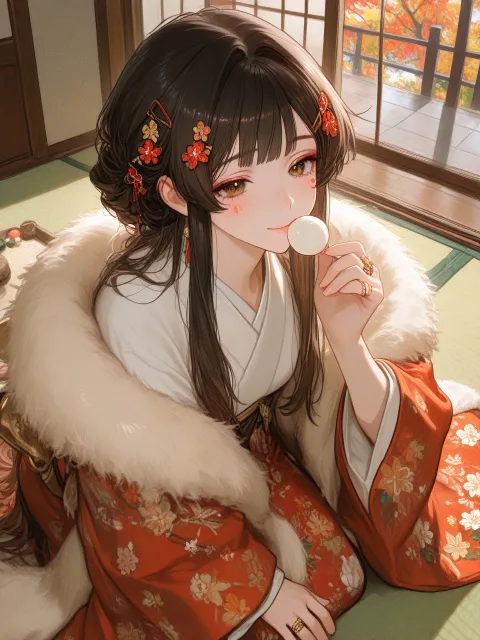 秋の和室、ほうじ茶と季節の和菓子を楽しむ女性、畳、障子、庭の秋草、柔らかな午後の光、落ち着いた茶色とベージュの色彩、癒し…