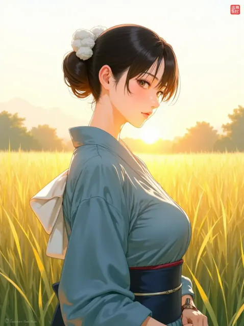 藍の作務衣を着て黒髪を手ぬぐいで姉さん被りにした日本人の農婦