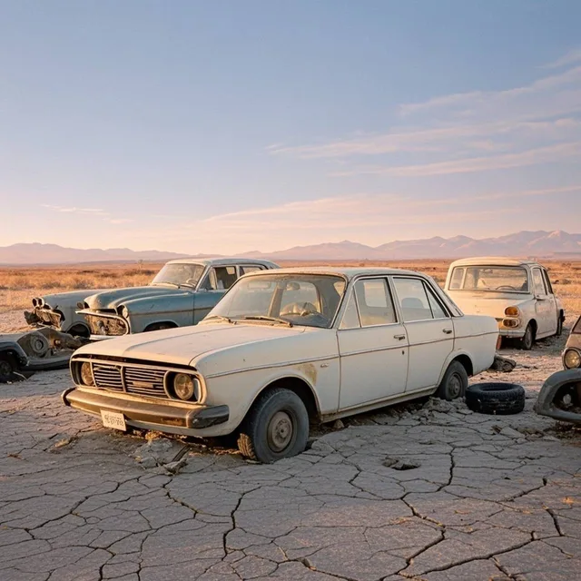 Abandoned cars lie scattered haphazardly on the cracked grou…