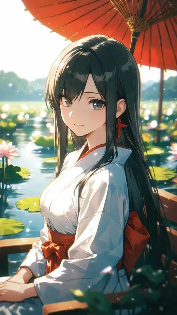 和装の美女、咲き誇る蓮、清らかな蓮池、夏の朝、上品な色気
