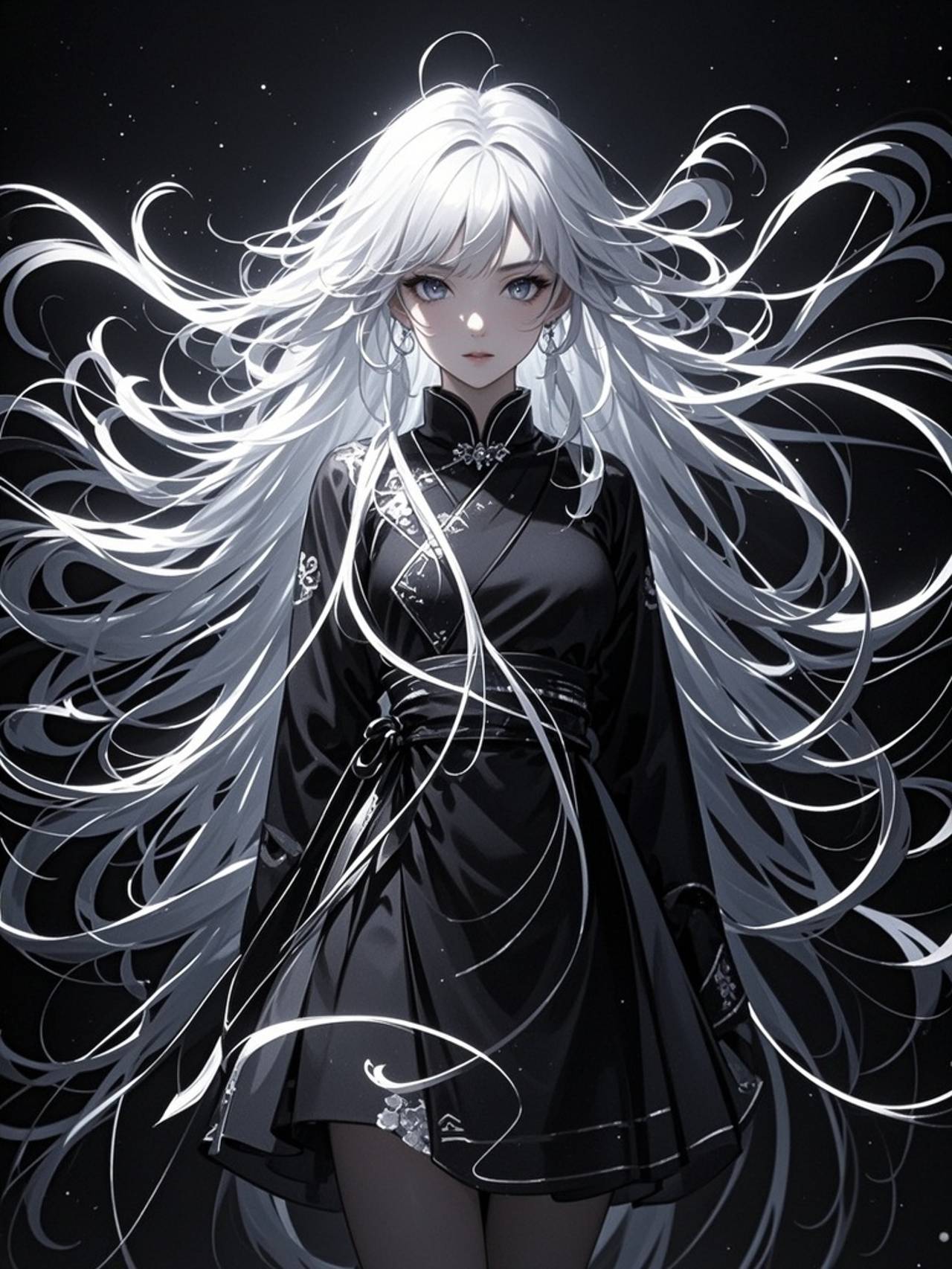 The long traditional Chinese-style hair is composed of slender silver-white light-painted lines, with a metallic texture and a 3D three-dimensional effect. The large wavy hair flows naturally and softly like water. In the pure black background, the glowing lines form a strong contrast with the dark areas, creating a造型 (shape) that is both ethereal and dreamy, beautiful