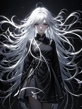 The long traditional Chinese-style hair is composed of slender silver-white light-painted lines, with a metallic texture and a 3D three-dimensional effect. The large wavy hair flows naturally and softly like water. In the pure black background, the glowing lines form a strong contrast with the dark areas, creating a造型 (shape) that is both ethereal and dreamy, beautiful