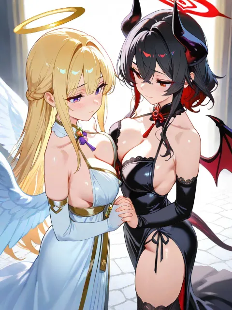 非常に詳細、シネマティックな照明、2人の少女 - 天使 vs 悪魔