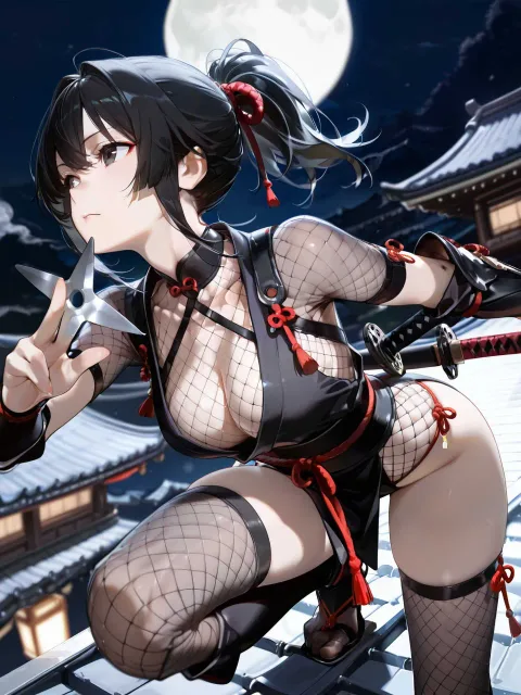 1girl、solo、kunoichi、black hair - 月夜のくノ一