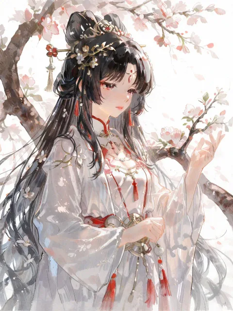 美しい天女の薄い衣姿、手には白梅の花の枝