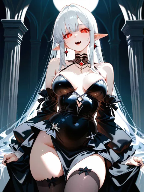 ゴシックドレスの妖艶なヴァンパイアの成年女性、暗闇で光る目