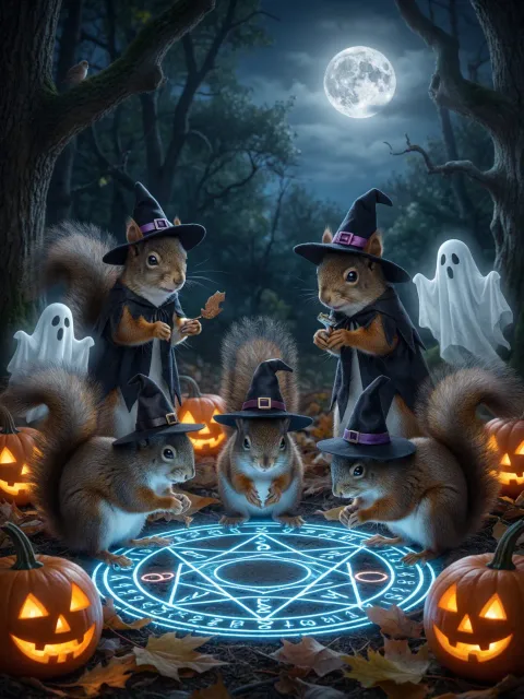 ハロウィン、魔女の格好をした複数のリス、お化けを従えている