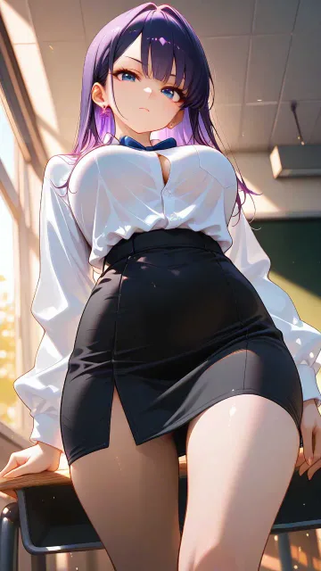 制服姿の成年女性、蝉の鳴く教室、紫髪のミディアムヘア - 汗と制服