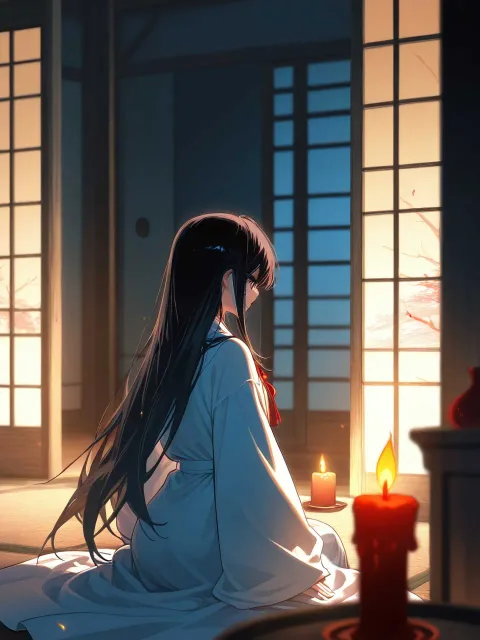 黒髪ロングヘアの美少女、白装束、ろうそくの灯り - 百物語の少女
