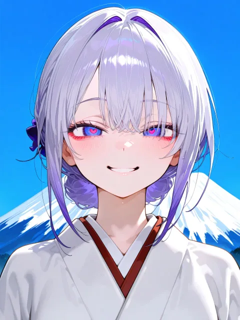 雪の白と藍色の着物をきちんと着た富士山の化身の美少女