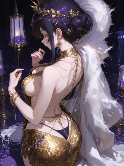 肩紐を両肩にかけた金のスパンコールのドレス姿の色っぽい成年女…