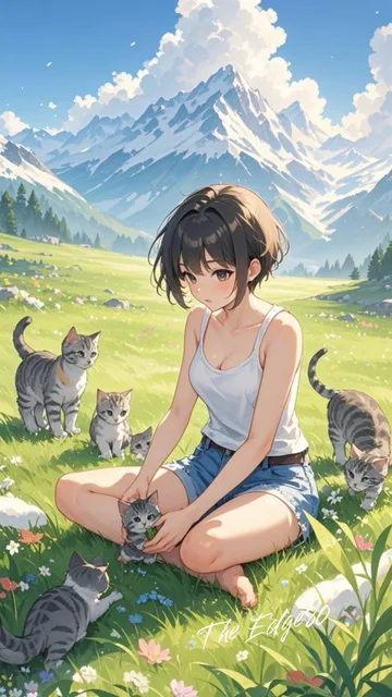 A girl with kittens