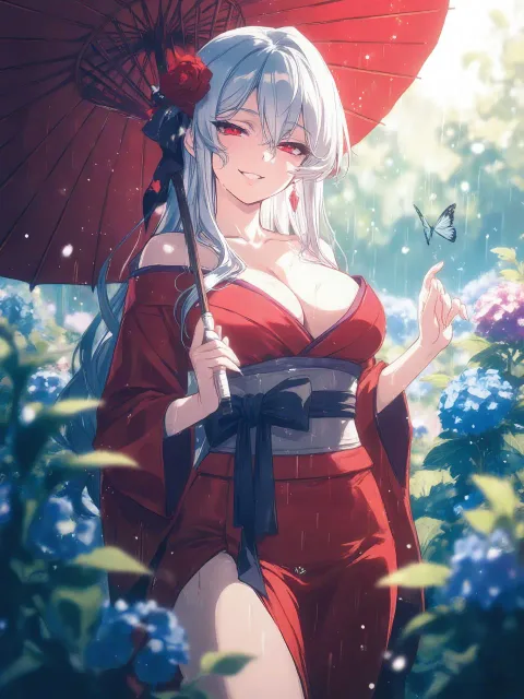雨上がりの光の中、紫陽花とともに微笑む女性の顔の接写