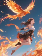 火の鳥と共に飛ぶ女性