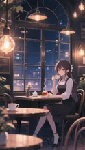 夜のカフェにて