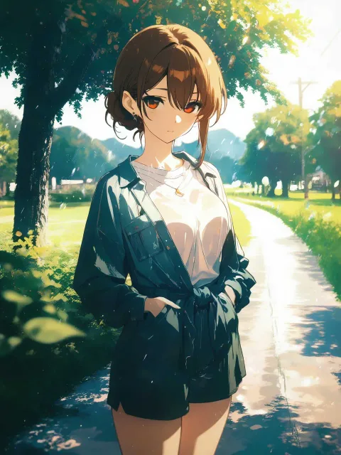 雨上がりの晴れた自然豊かな並木道を歩いているスタイルのいい爽…