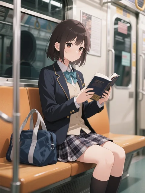 電車に座って参考書読んでる女の子、隣にカバン置いてる