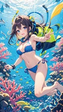 珊瑚礁に囲まれてスキューバダイビングする女の子 — izumiさんのAIイラスト