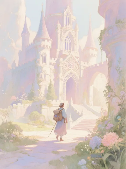 異世界の城に立つ旅人 - 画像生成チャレンジ