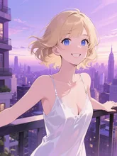 夜明けの摩天楼と女神