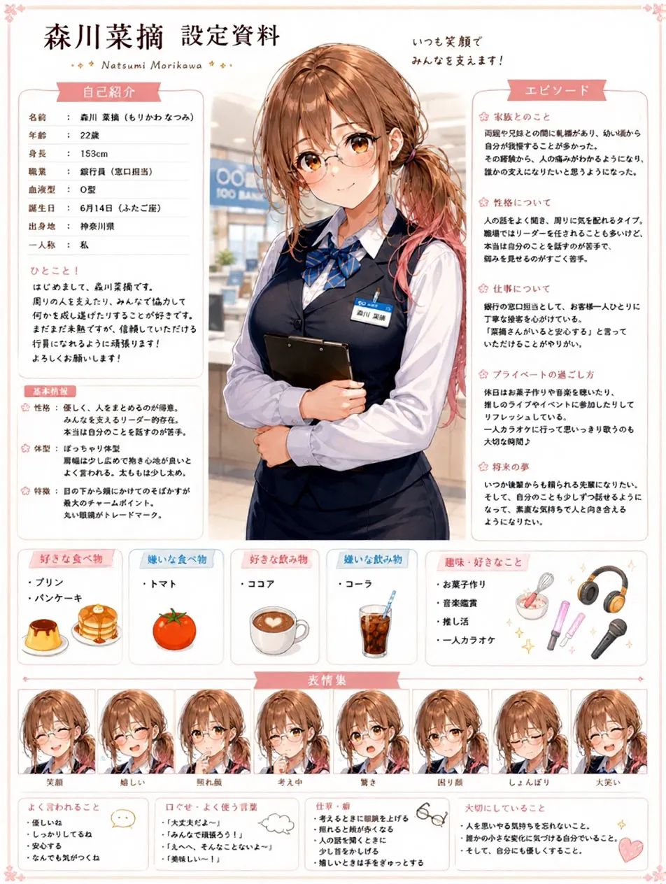 森川菜摘、設定資料。