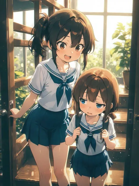 階段で喋りながら、後ろからのアングル、スカートの中 - 制服 vs 私服