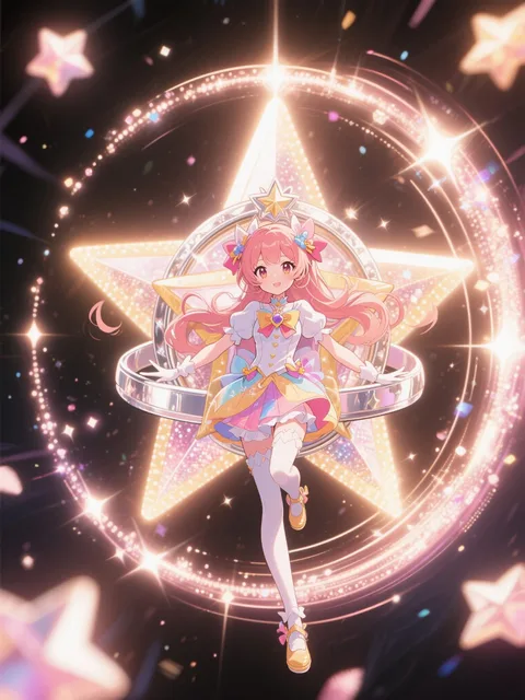 魔法少女の変身、星の輪、回転する光、キラキラ、幻想的な雰囲気