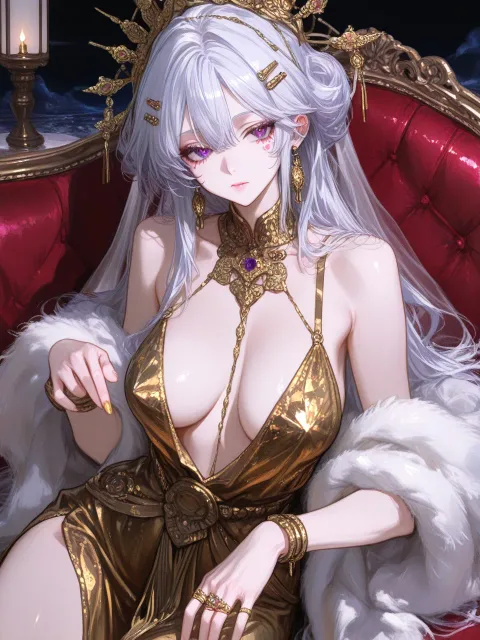 肩紐を両肩にかけた金のスパンコールのドレス姿の色っぽい成年女…