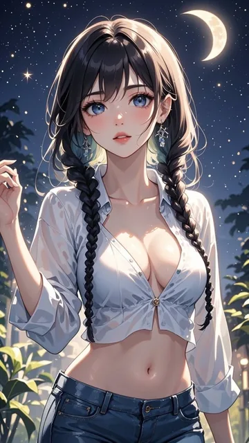 はだけている女の子 三つ編み 美少女 夜
