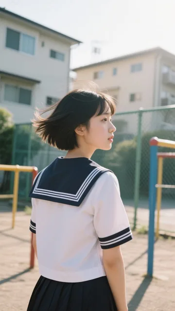 ショートヘアの少女が日本のセーラー服を着て