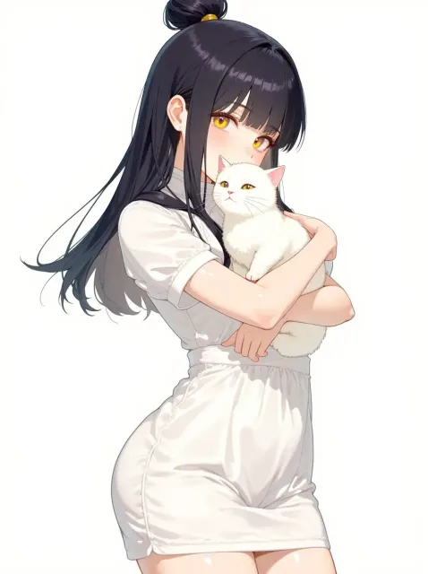 1girl、黒色の髪、お団子ヘアー、黄色の目 - 犬派 vs 猫派